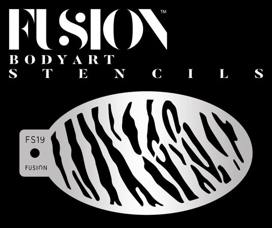 A silver oval stencil with a tiger stripe pattern, labeled Tiger Stripes Fusion Stencil Body Art by Infinity Faces, appears on a black background with Infinity Faces in bold white letters above it.