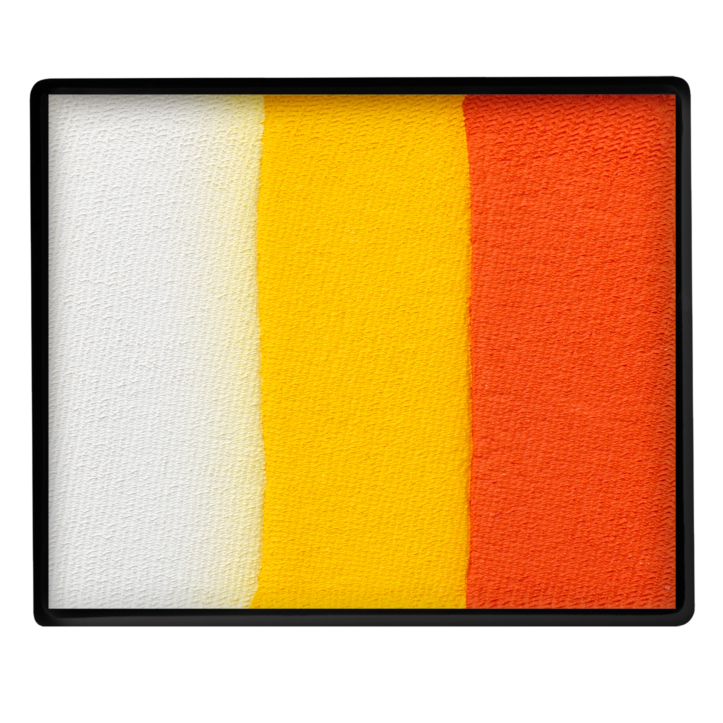 The Infinityfaces Face Paint & Body Paint Aqua - Orange & Yellow Split Cake (50g) features dynamic, textured stripes in vibrant white, yellow, and orange shades arranged side by side for a bold, modern effect.