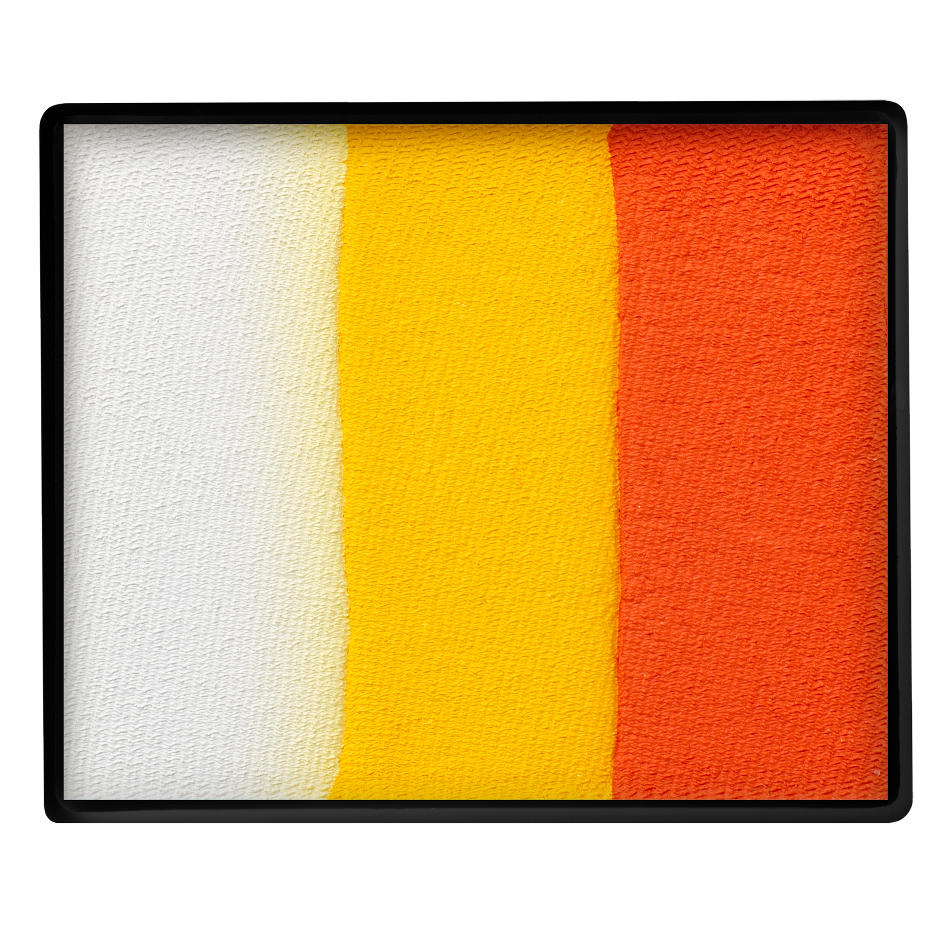 The Infinityfaces Face Paint & Body Paint Aqua - Orange & Yellow Split Cake (50g) features dynamic, textured stripes in vibrant white, yellow, and orange shades arranged side by side for a bold, modern effect.