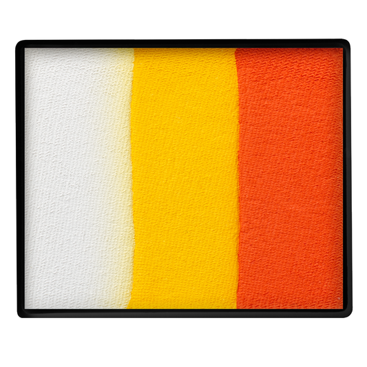 The Infinityfaces Face Paint & Body Paint Aqua - Orange & Yellow Split Cake (50g) features dynamic, textured stripes in vibrant white, yellow, and orange shades arranged side by side for a bold, modern effect.
