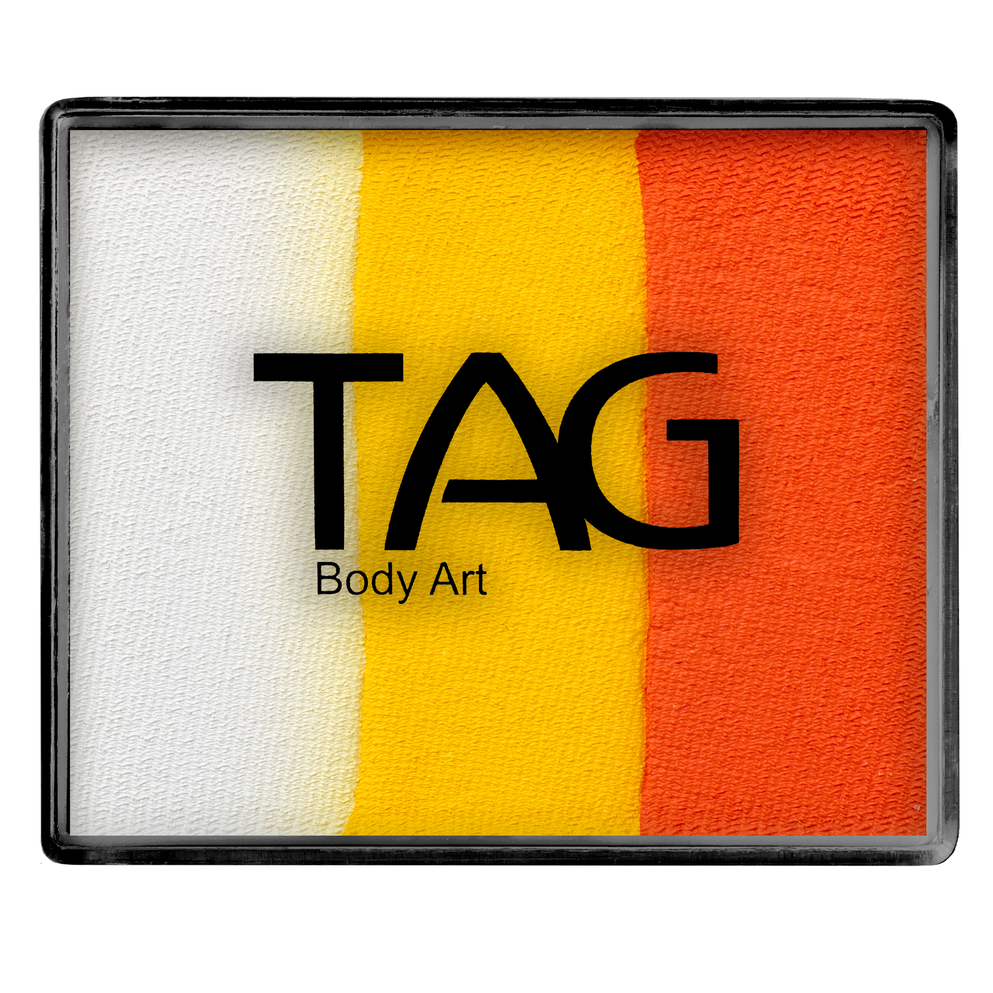 Infinityfaces Face Paint & Body Paint Aqua - Orange & Yellow Split Cake (50g) features three bold vertical stripes—white, yellow, and orange—in a rectangular palette. The Infinityfaces logo appears in black across the center.