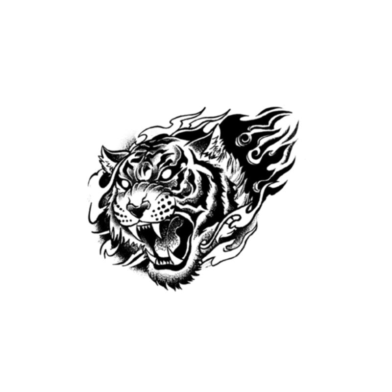 The Temporary Herbal Tattoo - Tiger in the Heart by Infinityfaces features a dynamic black and white design of a tigers head with flames, open mouth, and sharp teeth. It fits standard tattoo paper on a plain white background, creating a fierce look.