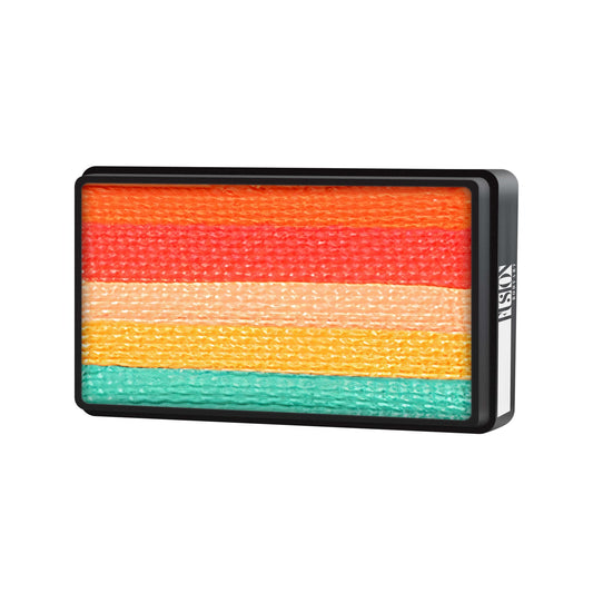 Infinityfaces Face Paint & Body Paint Aqua Fusion - Tropical Bird (One Stroke) (30g) features five horizontal stripes—orange, red, pink, yellow, and green—in a rectangular palette with a sleek black border.