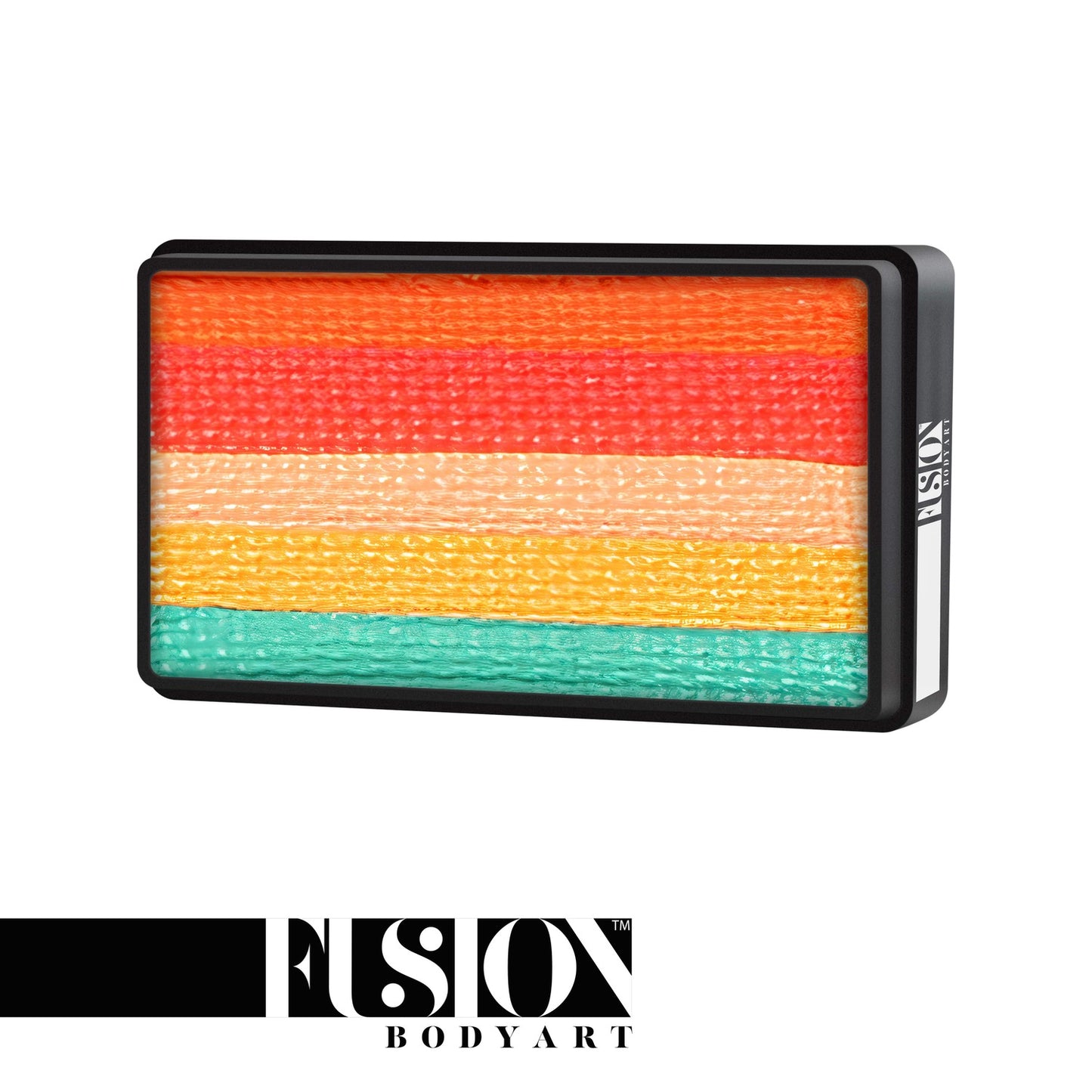 A rectangular Infinityfaces Face Paint & Body Paint Aqua Fusion - Tropical Bird (One Stroke) (30g) features horizontal red, orange, peach, yellow, and green stripes. The Fusion Body Art logo is shown below the container.