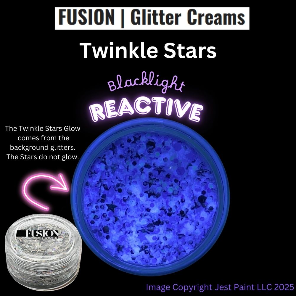 A 10g container of Infinity Faces Glitter Cream Fusion - Twinkle Stars UV is shown. The glitters glow blue under blacklight (stars do not). Blacklight Reactive text and an arrow highlight the glitters packaging.