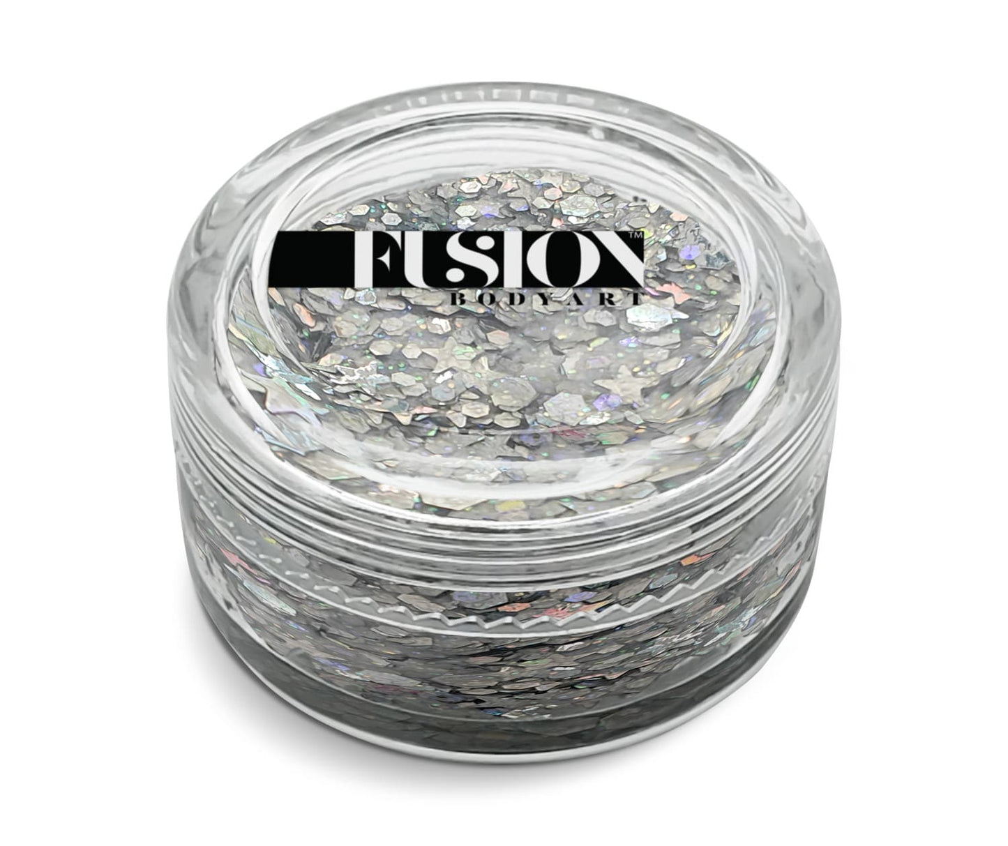 A small clear jar labeled Infinity Faces on the lid, filled with Glitter Cream Fusion - Twinkle Stars UV (10g) silver heart-shaped glitter, displayed against a white background.