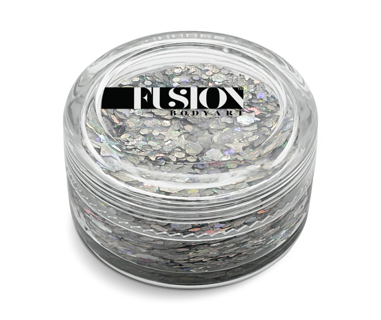 A small clear jar labeled Infinity Faces on the lid, filled with Glitter Cream Fusion - Twinkle Stars UV (10g) silver heart-shaped glitter, displayed against a white background.