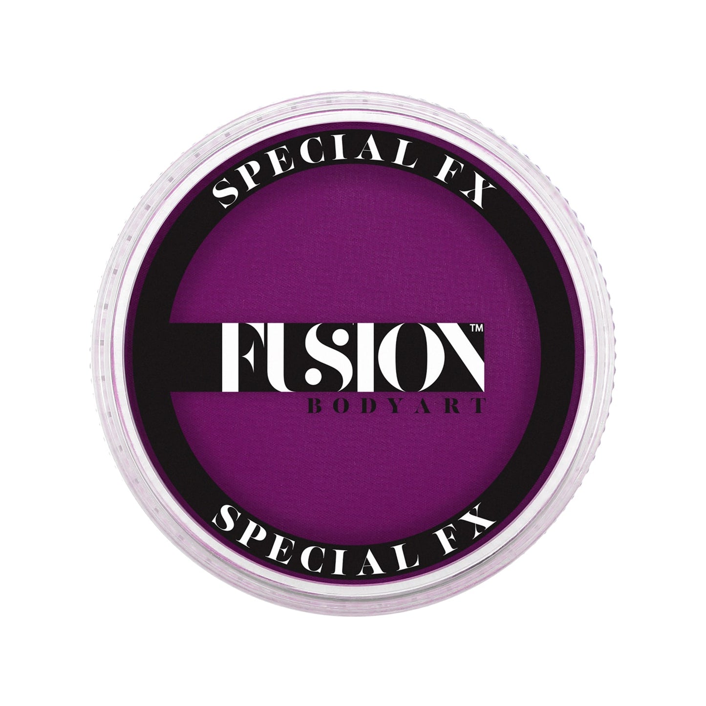 A round container labeled Face Paint & Body Paint aqua Fusion - UV Neon Violet (32g) by Infinity Faces, featuring a purple center and a black rim.