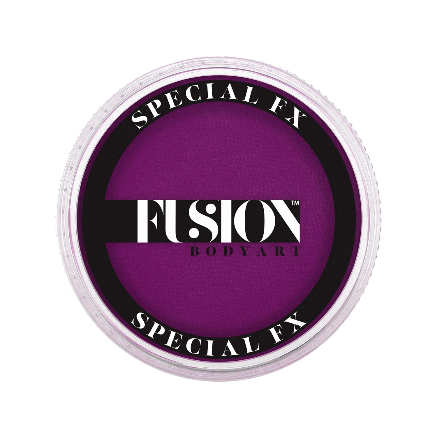 A round container labeled Face Paint & Body Paint aqua Fusion - UV Neon Violet (32g) by Infinity Faces, featuring a purple center and a black rim.