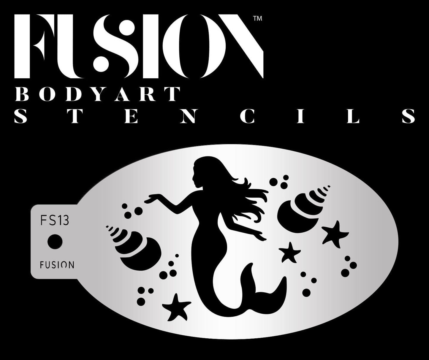 The Underwater Mermaid Fusion Stencil Body Art by Infinity Faces features a black and silver mermaid silhouette surrounded by shells and starfish, with the product name written above.