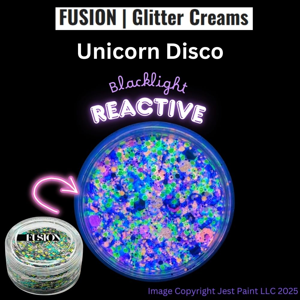 A 10g container of Infinity Faces Glitter Cream Fusion - Unicorn Disco UV features colorful, blacklight-reactive glitter. A close-up highlights the vivid glitter texture and colors.