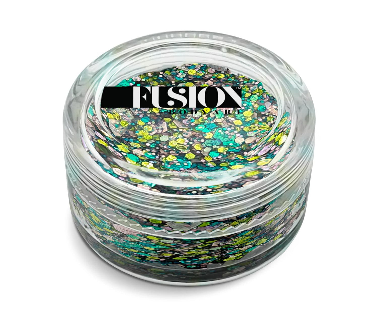 A clear glass jar labeled Infinity Faces Glitter Cream Fusion - Unicorn Disco UV (10g) holds a chunky, colorful glitter mix in green, yellow, blue, and silver.