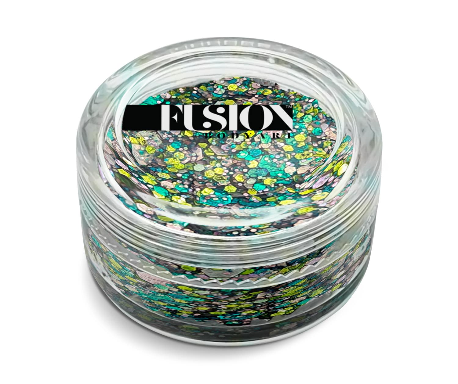 A clear glass jar labeled Infinity Faces Glitter Cream Fusion - Unicorn Disco UV (10g) holds a chunky, colorful glitter mix in green, yellow, blue, and silver.