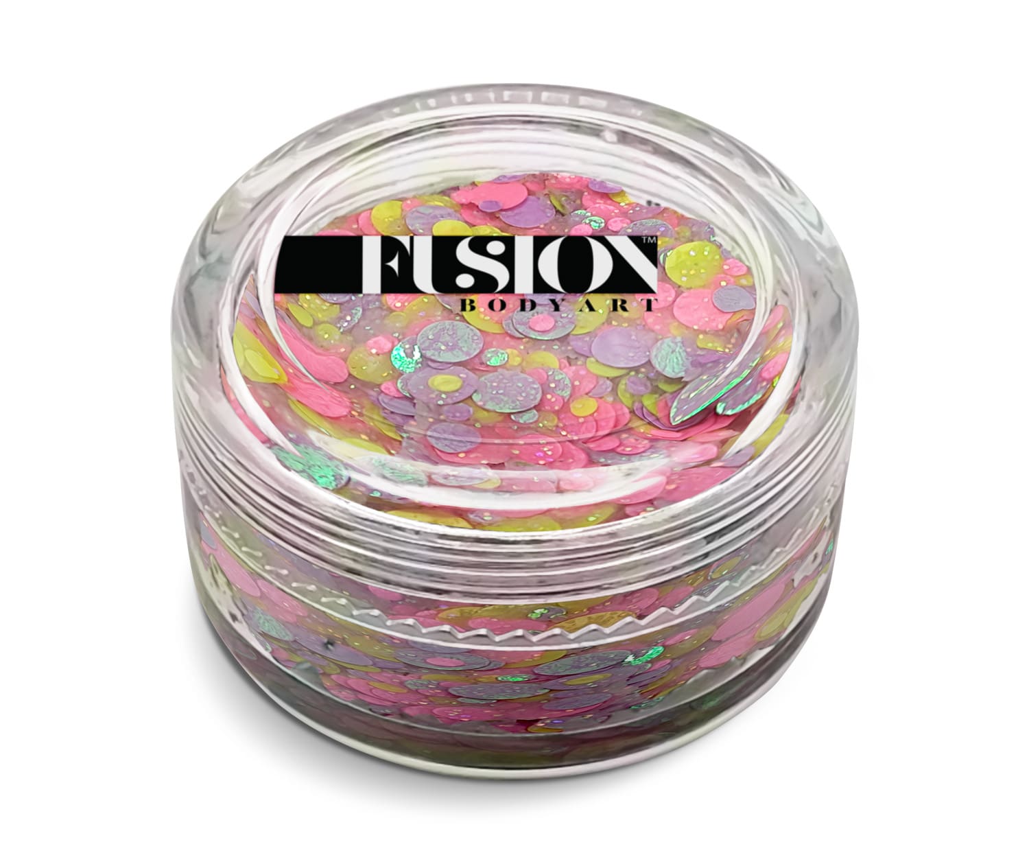 A small clear jar labeled Infinity Faces, filled with colorful, iridescent chunky glitter in pink, yellow, and purple shades—Glitter Cream Fusion - Unicorn Freckles UV (10g).