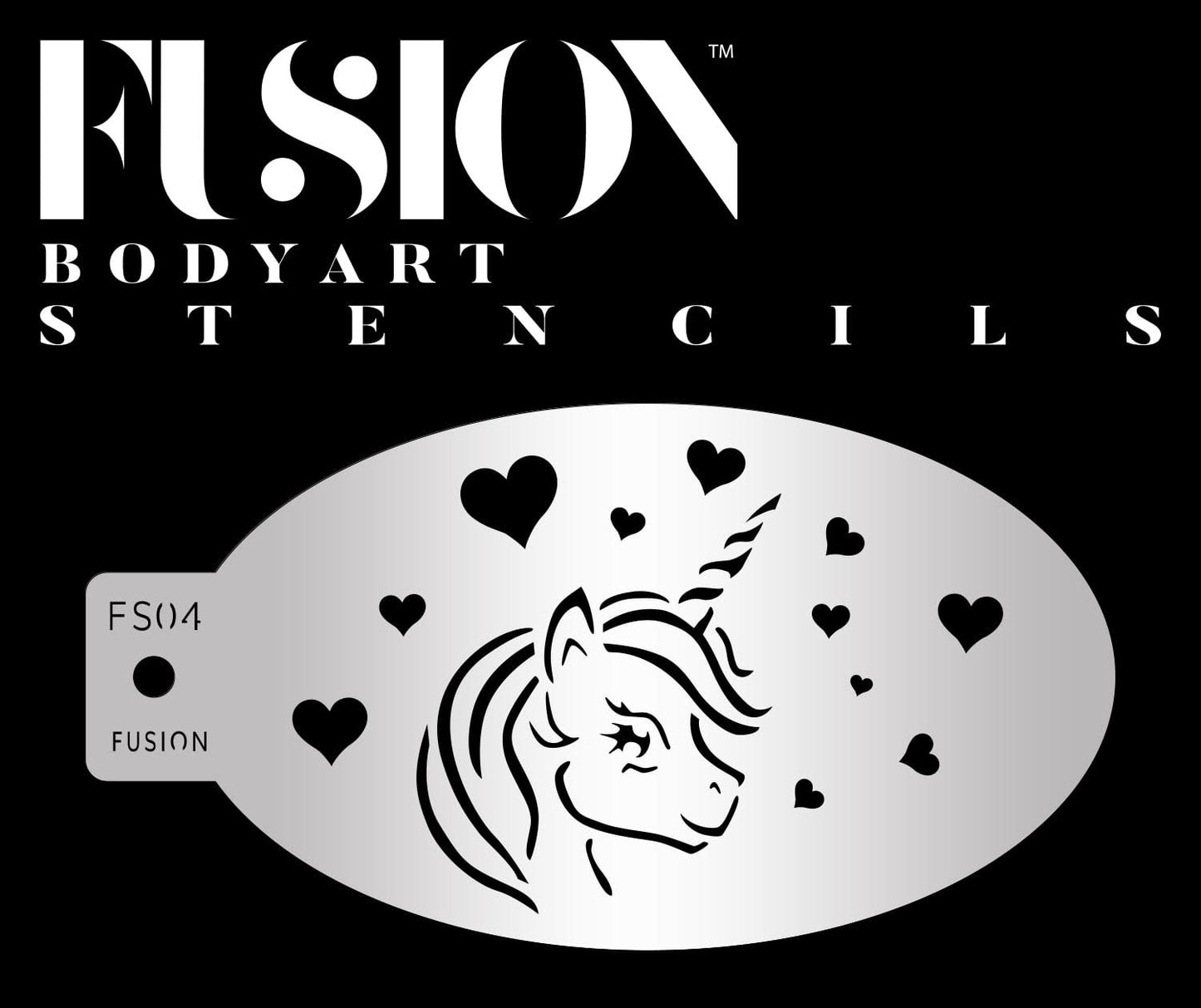 A metallic stencil labeled Unicorn In Love Fusion Stencil Body Art by Infinity Faces features a unicorn head with scattered hearts beneath the brand text, all on a black background.