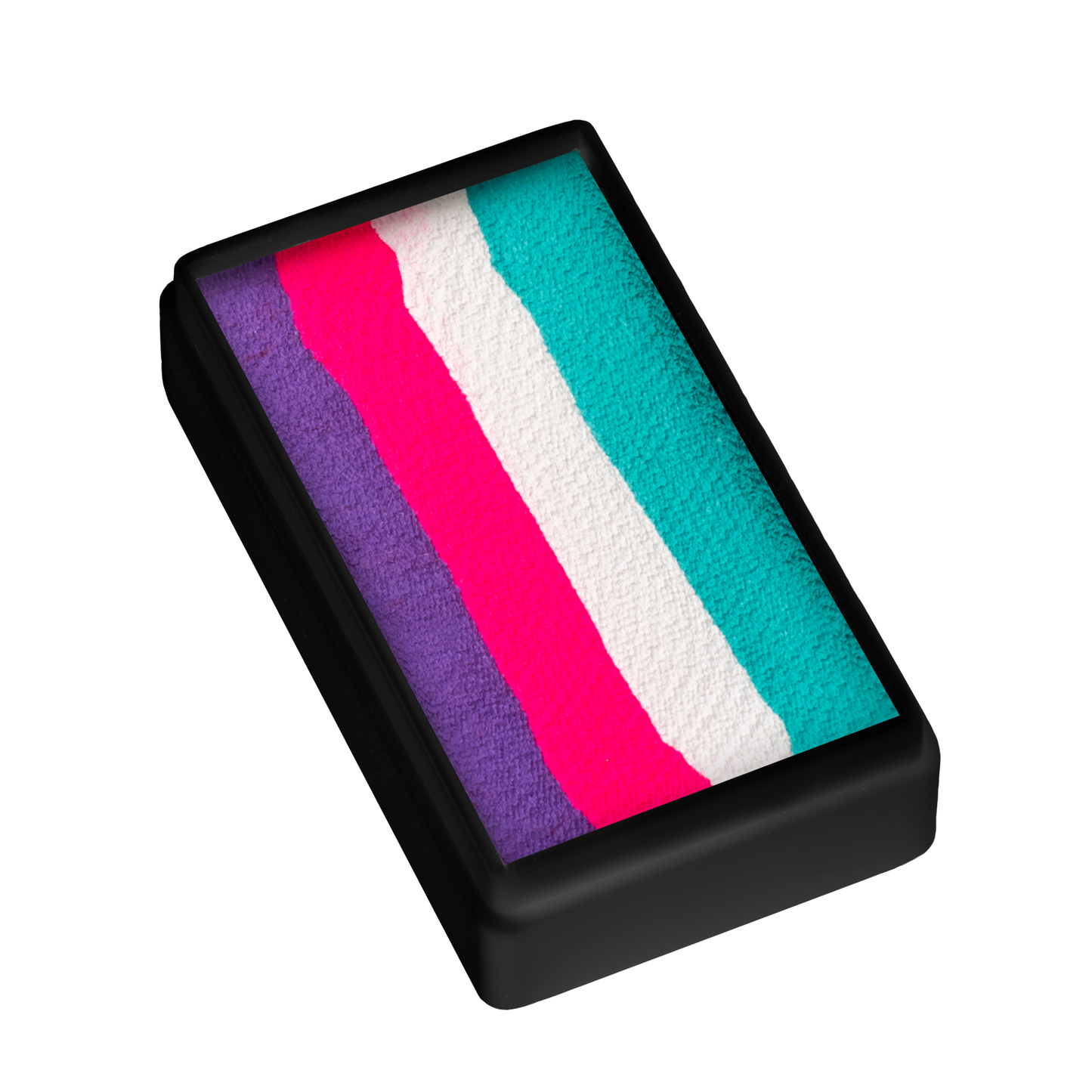 The Infinityfaces Face Paint & Body Paint Aqua - Unicorn Magenta One Stroke (30g) features five horizontal stripes—purple, pink, white, teal, and turquoise—in a rectangular black plastic case.