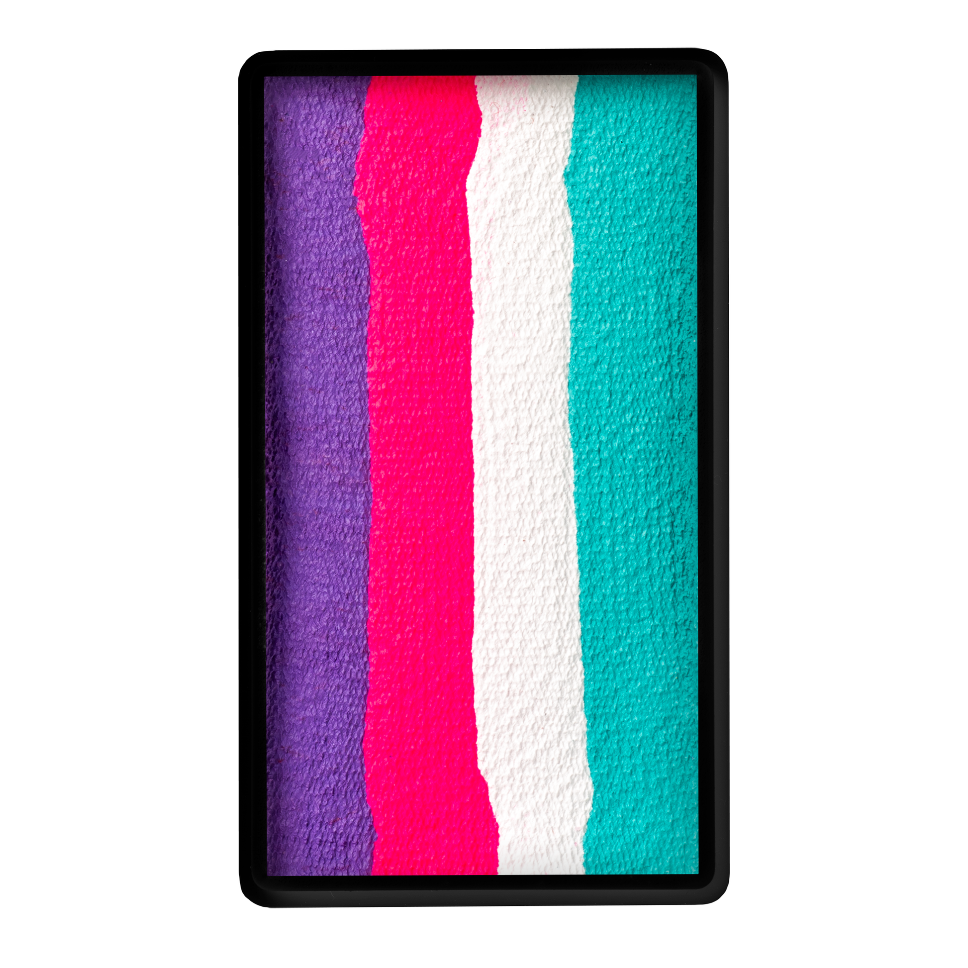 A rectangular image of Infinityfaces Face Paint & Body Paint Aqua - Unicorn Magenta One Stroke (30g) shows five textured vertical stripes—purple, pink, white, teal, and turquoise—set within a black-bordered frame.