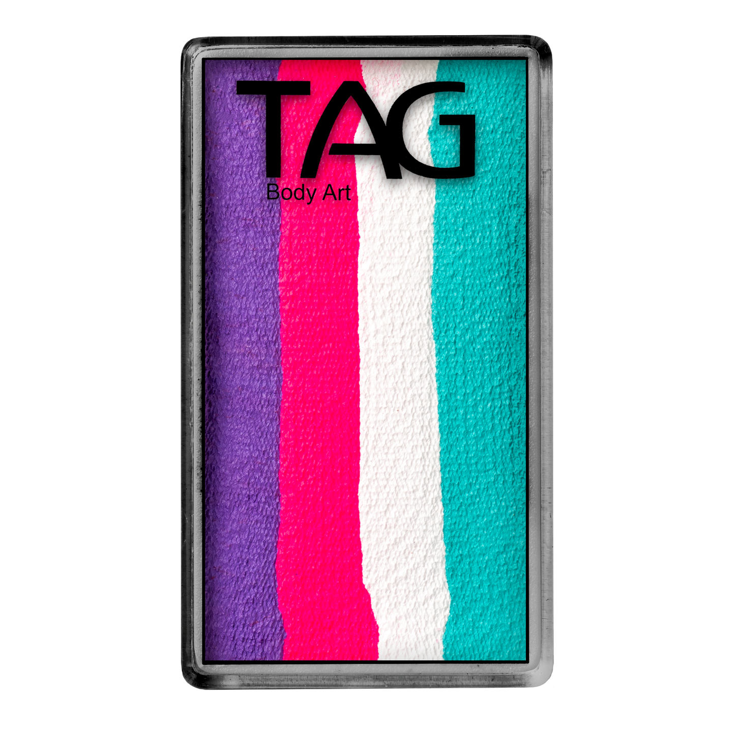 The Infinityfaces Face Paint & Body Paint Aqua - Unicorn Magenta One Stroke (30g) features five vertical stripes—purple, pink, white, teal, and blue—in a rectangular palette with a silver border.