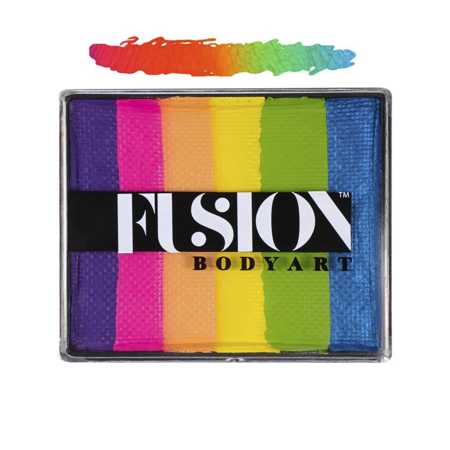 The Infinityfaces Face Paint & Body Paint Aqua - Unicorn Sparks Rainbow Split Cake (50g) by Fusion features six vibrant colors—purple, pink, red, yellow, green, and blue—for bold looks. A swatch above the palette offers blending inspiration.
