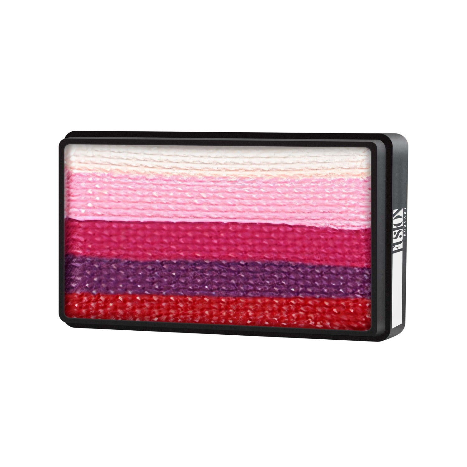 The Infinityfaces Face Paint & Body Paint Aqua Fusion - Valentine Rose (One Stroke) (30g) features six horizontal red, purple, pink, and white stripes in a black rectangular palette.