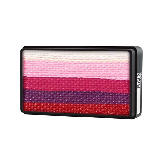 The Infinityfaces Face Paint & Body Paint Aqua Fusion - Valentine Rose (One Stroke) (30g) features six horizontal red, purple, pink, and white stripes in a black rectangular palette.