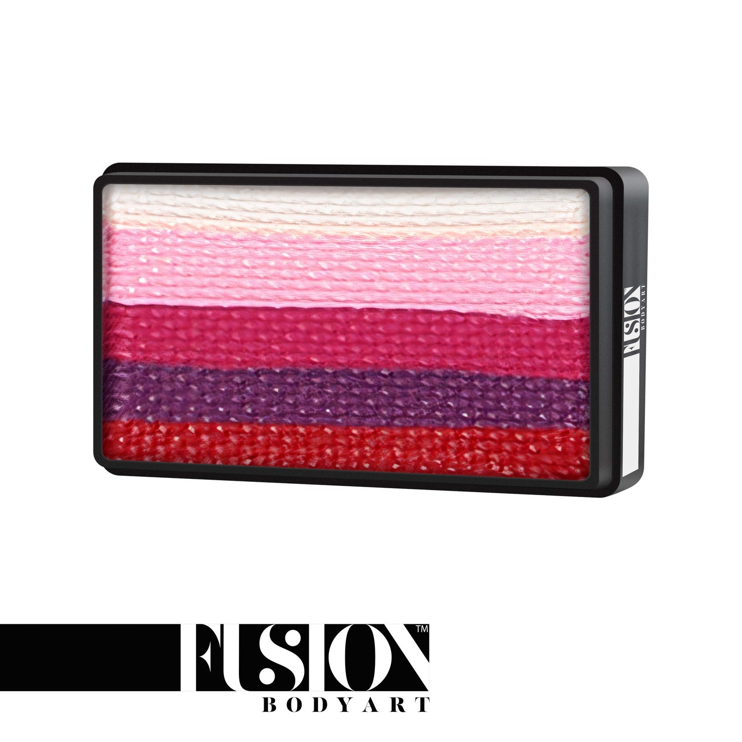 A rectangular Infinityfaces Face Paint & Body Paint Aqua Fusion - Valentine Rose (One Stroke) (30g) case features five horizontal stripes in white, light pink, bright pink, magenta, and dark purple. The Fusion Body Art logo appears below.