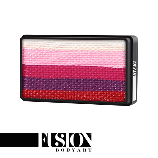 A rectangular Infinityfaces Face Paint & Body Paint Aqua Fusion - Valentine Rose (One Stroke) (30g) case features five horizontal stripes in white, light pink, bright pink, magenta, and dark purple. The Fusion Body Art logo appears below.