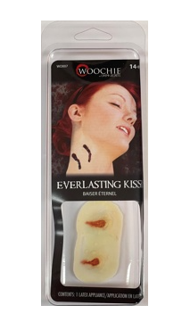 The Special Effects Prosthetics Woochie Mehron - Vampire Bite by Infinityfaces features packaging with a woman displaying vampire bite marks on her neck. It includes a latex appliance for realistic bite marks, packaged in dark red and black tones with branding at the top, suitable for ages 14 and up.