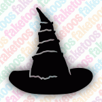 The Faketoos Glitter Tattoo Faketoos - Witch Hat (small) features a bold black silhouette of a classic witch hat with a tall, crooked top, designed by Faketoos as an eye-catching body art stencil. Set against a pastel background adorned with the colorful “faketoos” logo, this stencil is perfect for creating enchanting glitter tattoos or adding sparkling body art to your next event.