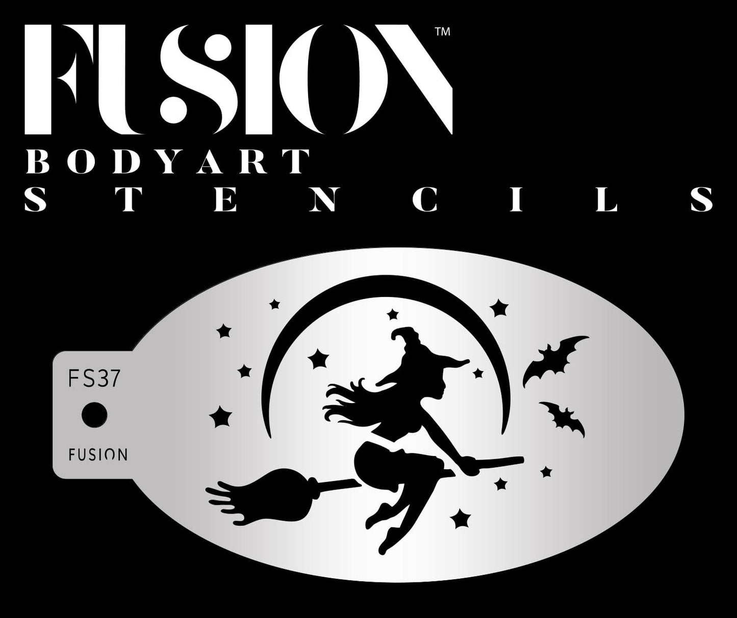 The Witch & Broomstick Fusion Stencil Body Art by Infinity Faces shows a witch flying on a broomstick, with stars, a crescent moon, and two bats. The top of the stencil displays Fusion Body Art Stencils on a black background.