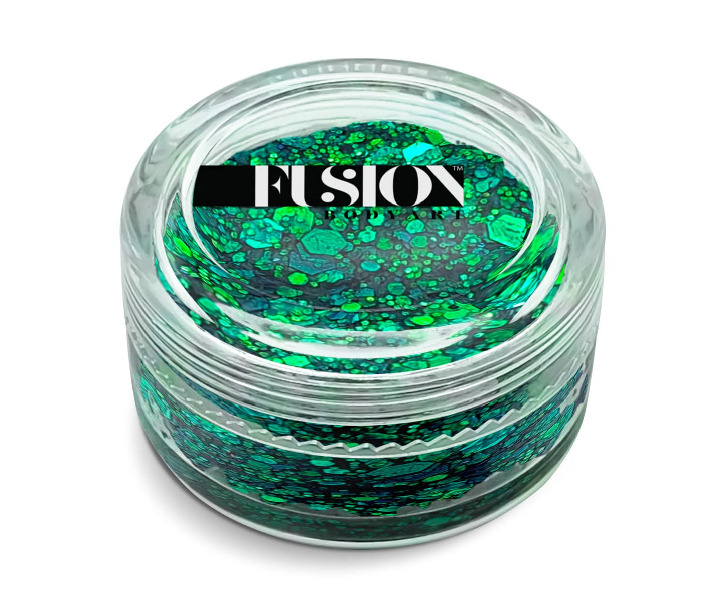 A clear jar of Infinity Faces Glitter Cream Fusion - Wonderland (10g) filled with chunky green and black glitter nail art pieces, viewed from above on a white background.
