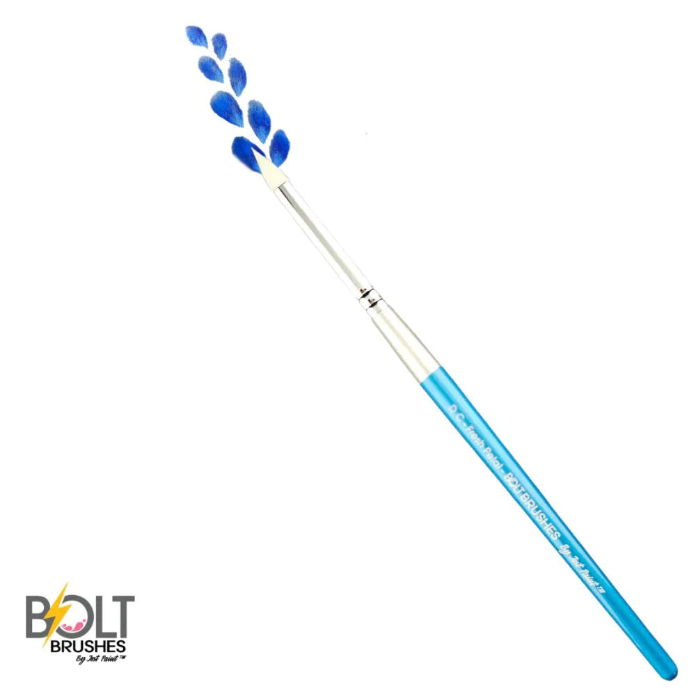 A Brushes Bolt - Diamond Collection - Fresh Petal brush by Infinity Faces with a blue handle applies blue paint in a leafy pattern on a white background; the Bolt Brushes logo appears in the bottom-left corner.