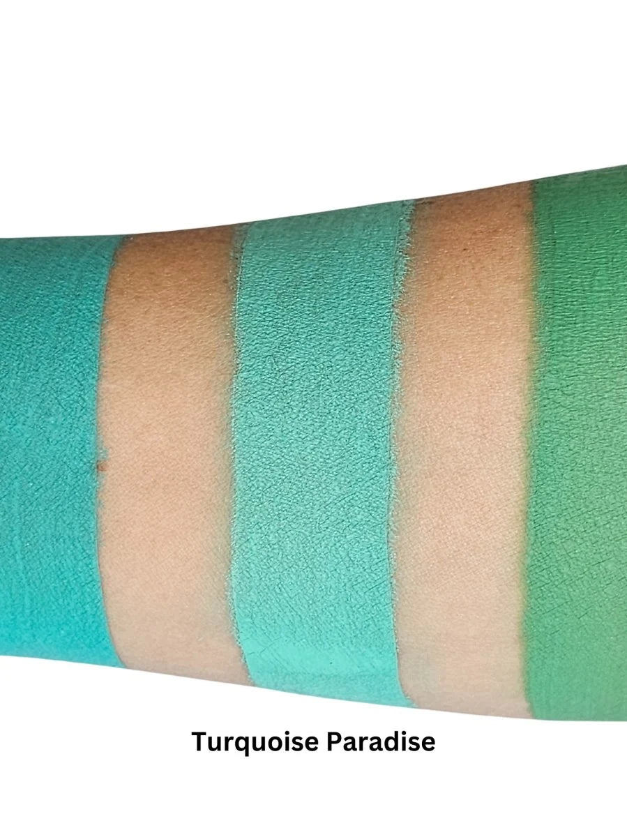 Three swatches of turquoise and green Face Paint & Body Paint aqua Fusion - Prime Turquoise Paradise (32g) applied to a forearm.