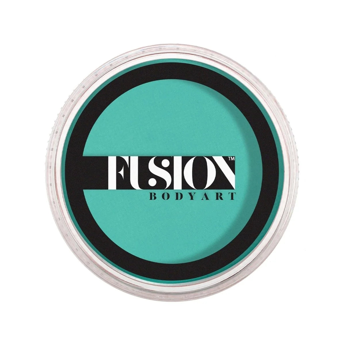 Round container of Face Paint & Body Paint aqua Fusion - Prime Turquoise Paradise (32g) with turquoise face and body paint.