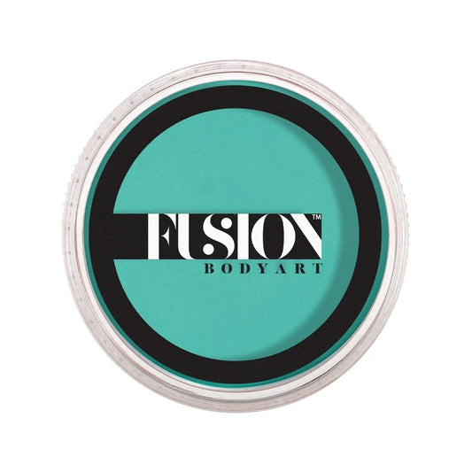 Round container of Face Paint & Body Paint aqua Fusion - Prime Turquoise Paradise (32g) with turquoise face and body paint.