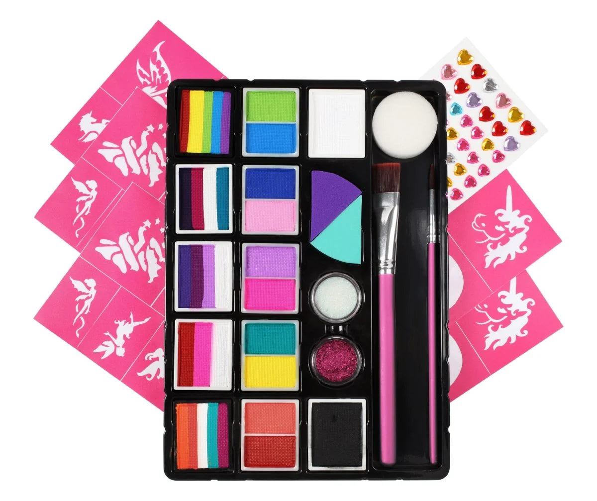 The Infinityfaces Intro Kit is your first step into face painting, featuring colorful paint blocks, sponges, two brushes, glitter, stickers, and pink fairy and unicorn stencils.