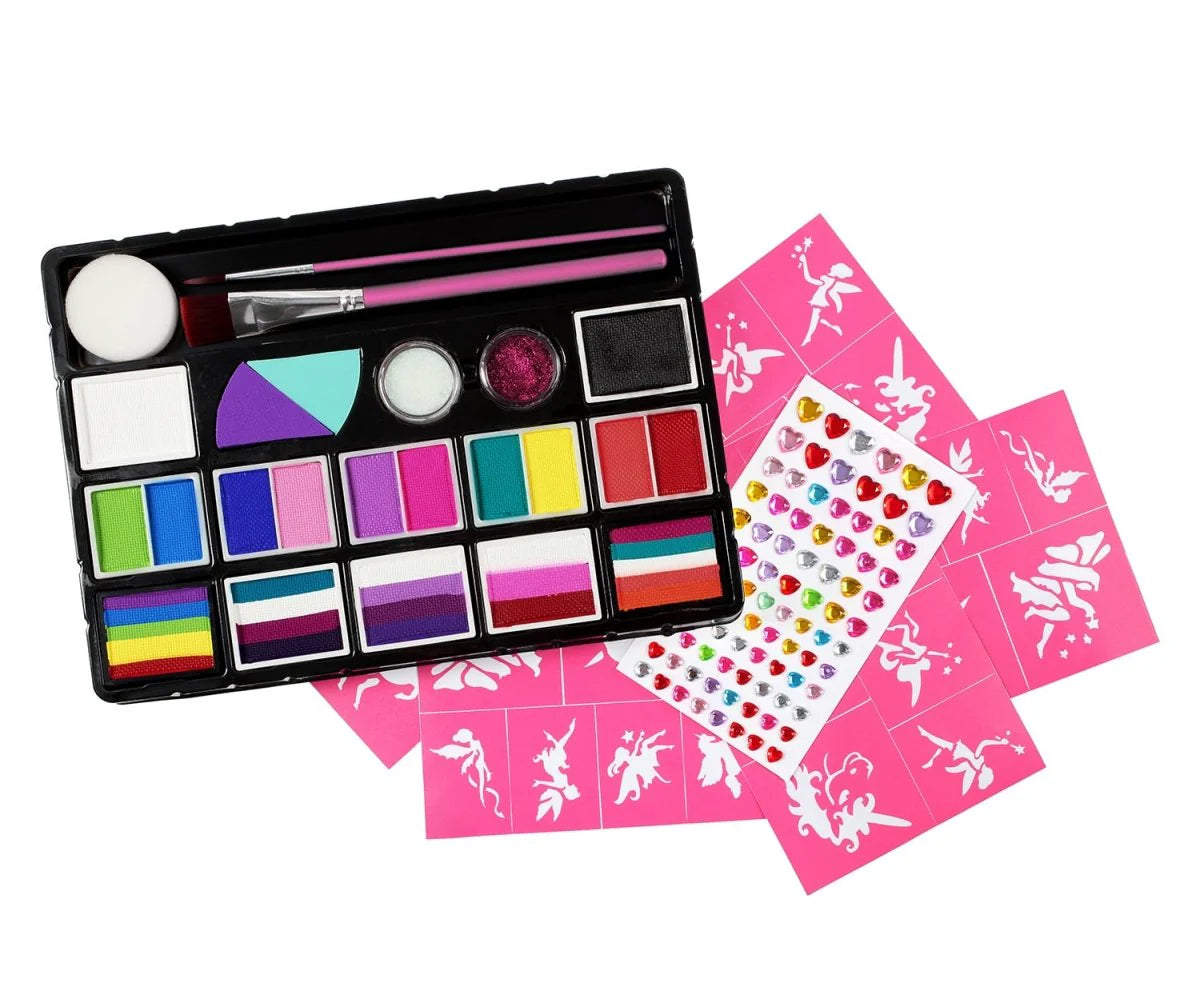 The Infinityfaces Intro Kit includes brushes, sponges, glitter, paint palettes, adhesive jewels, and pink stencils—everything you need for magical unicorn or fairy face painting.