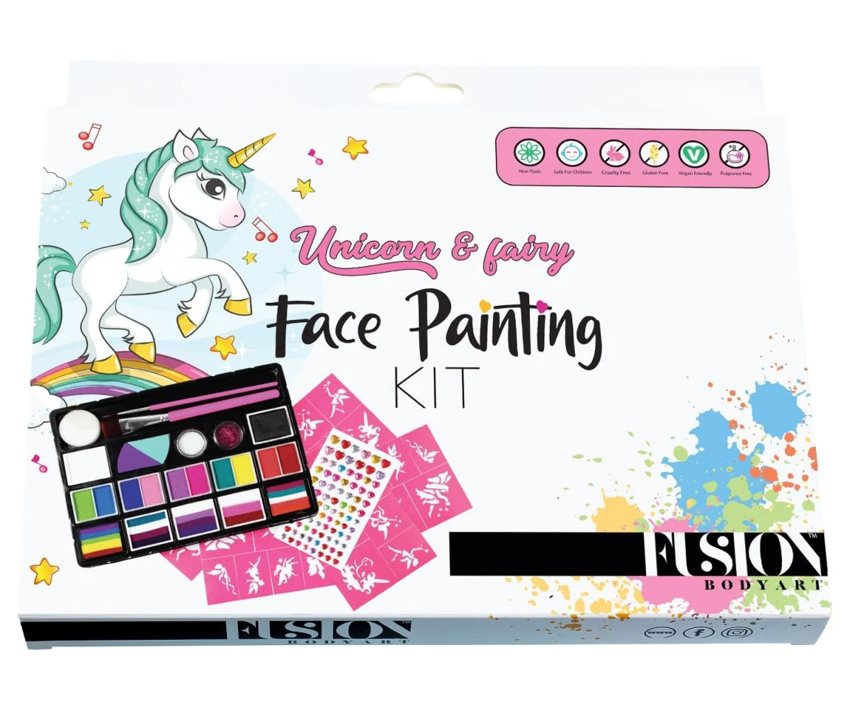 A vibrant Intro Kit - Your first steps into face painting box features unicorn and fairy designs with a rainbow, stars, paint palette, and brushes on the front. The Infinityfaces brand name appears at the bottom right.