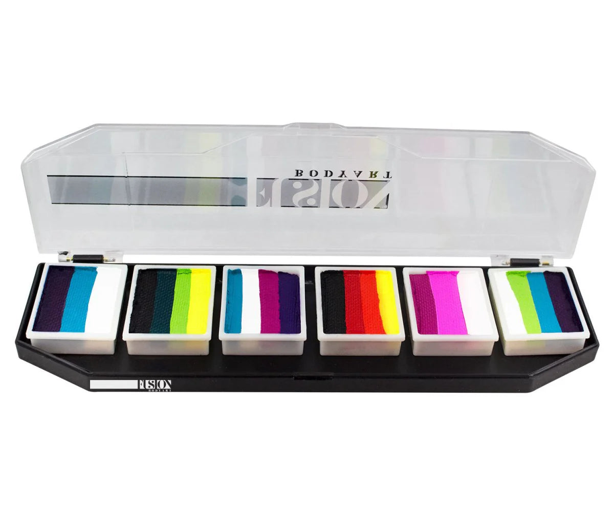 The Infinityfaces Face Paint & Body Paint Aqua Fusion - Rainbow Burst Palette (6x10g) features six rectangular pans with vibrant rainbow-striped colors, all visible under a clear plastic lid.