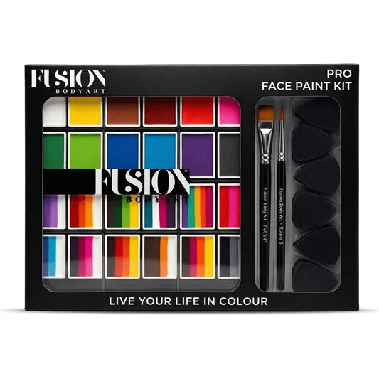 Infinityfaces Pro Kit – Paint with precision and confidence. This black box set includes vibrant face paint colours, two brushes, four triangular sponges, and "LIVE YOUR LIFE IN COLOUR" text—the perfect professional face painting kit.