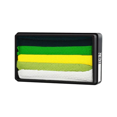 Infinityfaces Face Paint & Body Paint Aqua Fusion - Tink (One Stroke) (30g) features five horizontal stripes—dark green, green, yellow, light green, and white—arranged in a rectangular black case.