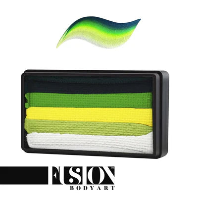 Infinityfaces Face Paint & Body Paint Aqua Fusion - Tink (One Stroke) (30g) features a rectangular palette with five horizontal stripes—white, light yellow, lime green, dark green, and black—and a multicolored brushstroke above.