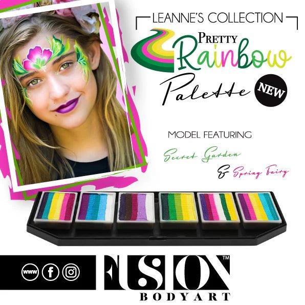 On the left, a young girl wears vibrant face paint and purple lipstick. On the right is Infinity Faces Entertainment’s Face Paint & Body Paint Aqua Fusion - Leanne's Pretty Rainbow Palette (6x10g). Social media icons appear below.