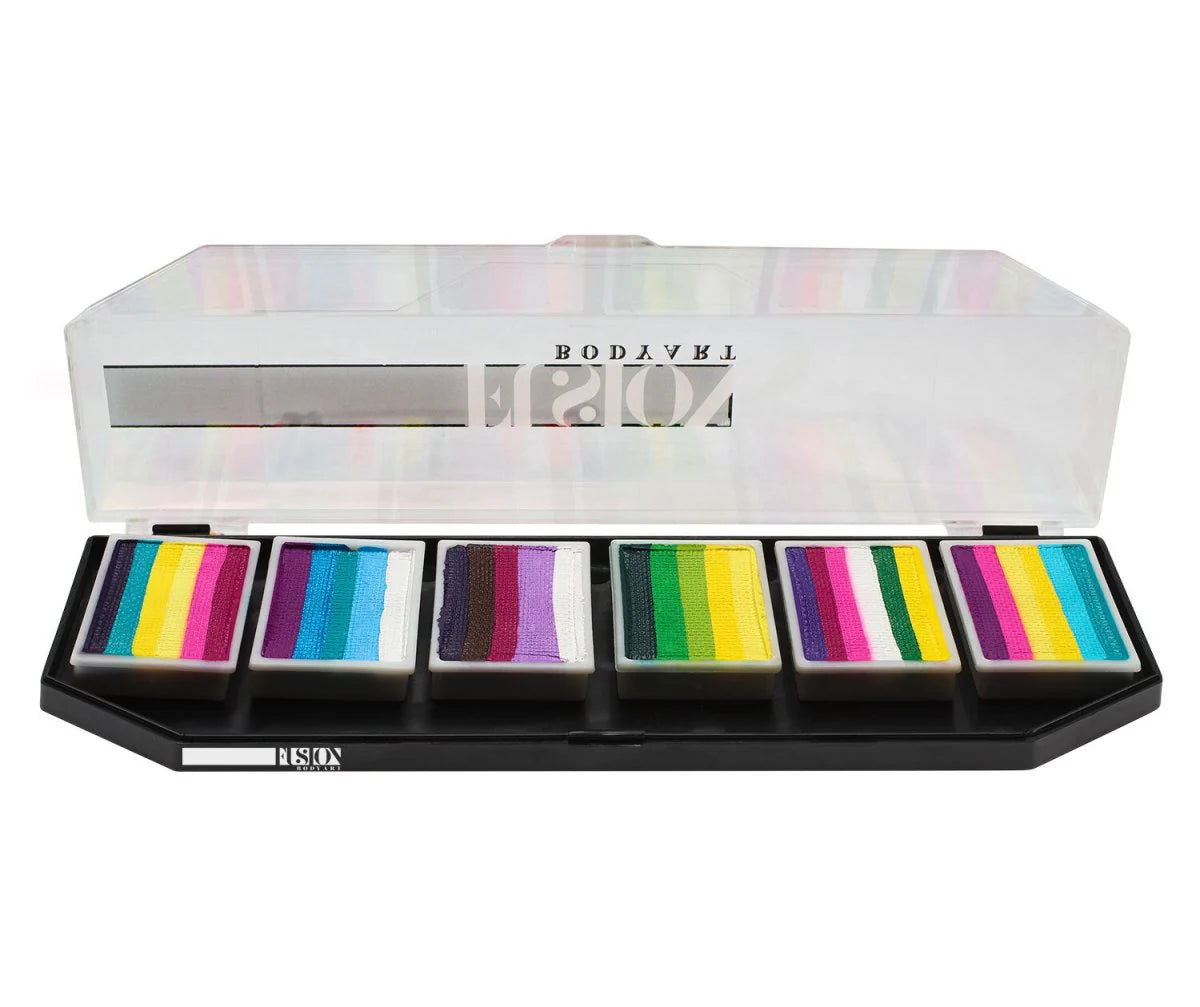 The Infinity Faces Entertainment Face Paint & Body Paint Aqua Fusion - Leanne's Pretty Rainbow Palette (6x10g) features an open black tray with six rectangular pans, each filled with vibrant multicolored stripes under a clear plastic lid.