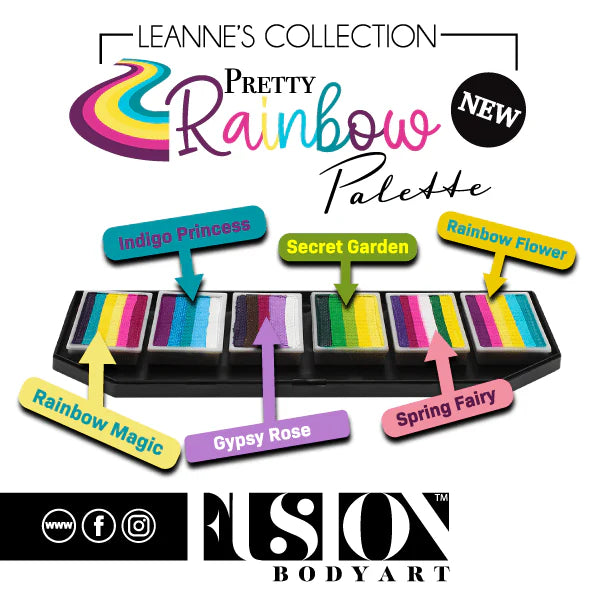 Infinity Faces Entertainment’s Face Paint & Body Paint Aqua Fusion - Leanne's Pretty Rainbow Palette (6x10g) features six colorful paint strips: Rainbow Magic, Indigo Princess, Gypsy Rose, Secret Garden, Spring Fairy, and Rainbow Flower.