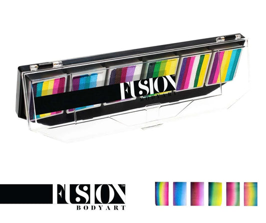 A rectangular Infinity Faces Entertainment palette, Leanne's Pretty Rainbow Palette (6x10g), features six vibrant rainbow face paint cakes in a clear case. Close-up swatches highlight each bold gradient. Face Paint & Body Paint Aqua Fusion branding is visible.