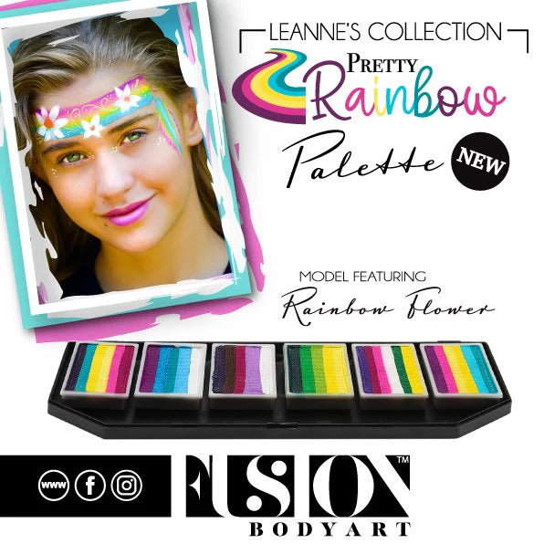 A young woman with rainbow flower face paint smiles. Text: Infinity Faces Entertainment Face Paint & Body Paint Aqua Fusion – Leanne's Pretty Rainbow Palette (6x10g). Six vibrant colors are shown below.