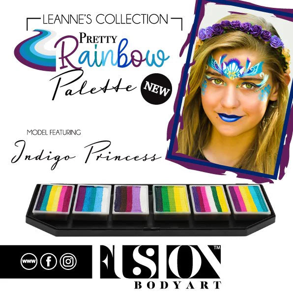 Promotional image for Infinity Faces Entertainment's Face Paint & Body Paint Aqua Fusion - Leanne's Pretty Rainbow Palette (6x10g). A model with bold face paint and blue lips appears beside the vibrant palette, “Indigo Princess” text, and social icons.