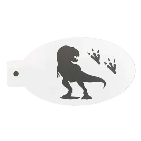 Infinity Faces Tyrannosaurus Dinosaur The Face Paint Shop Stencil features a black T. rex silhouette and two footprints on a white oval background, perfect for body art.