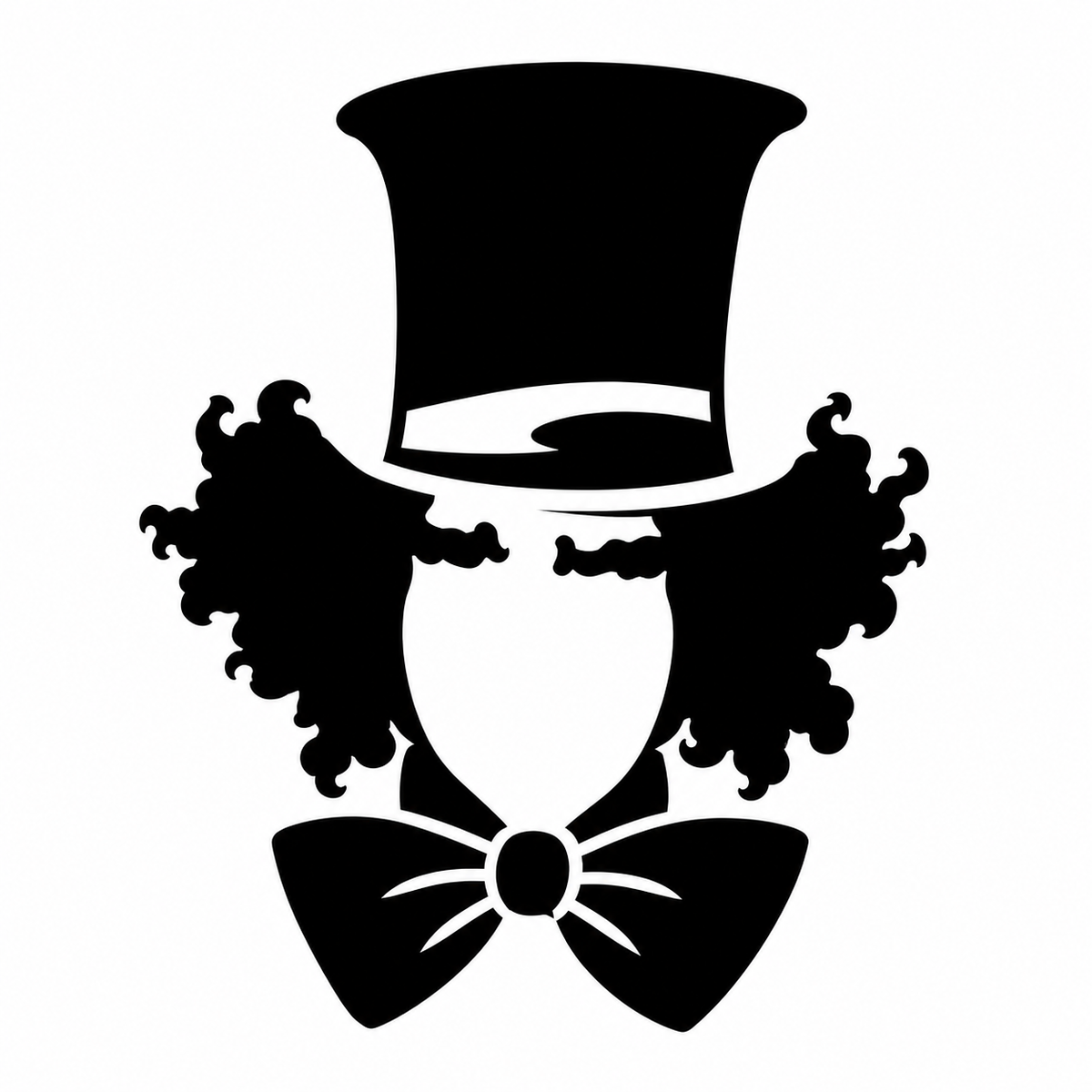 Black 2x2 inch glitter tattoo stencil of an Infinity Faces Glitter Tattoo Faketoos - Mad Hatter (small) silhouette featuring a person with frizzy hair, a top hat, and a large bow tie.